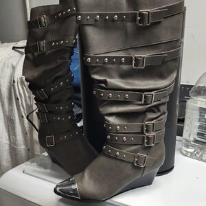 Gray Studded Heeled Boots Brand New